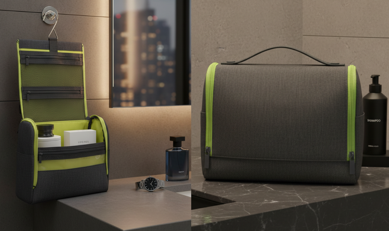 X-PROVE Hanging Toiletry Bag — aufgehängt und aufgeklappt